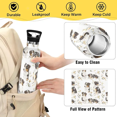 Miniatura 4 de Robust Australian Shepherd Dogs White Double-Wall Insulation Reusable Water Bottle Insulated with Straw Lid BPA-Free Leak Proof for Sport Gym 16
