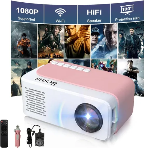 Mini proyector, proyector de video WiFi HD 1080P, proyector portátil para exteriores con trípode, regalo para niños, cine en casa, proyector de Rosa