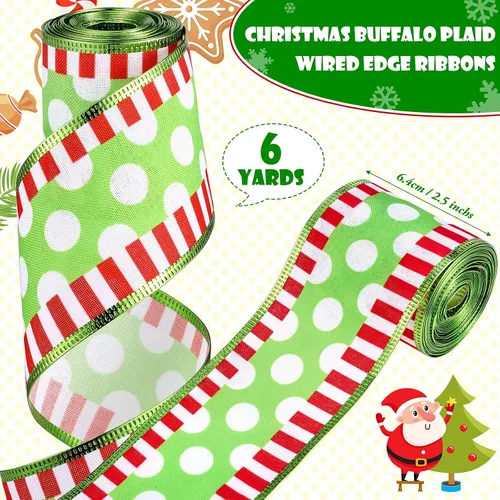 Miniatura 3 de 2 rollos de cinta de Navidad en espiral con puntos con alambre con rayas, envoltura de tela colorida, cintas decorativas de Navidad para suministros