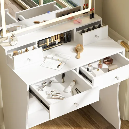 Miniatura 2 de Escritorio de maquillaje con espejo y luces, juego de mesa de tocador con 4 cajones de almacenamiento y estantes para espacios pequeños, tocador