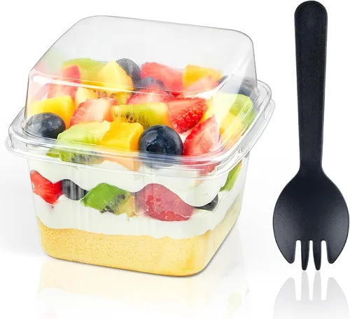 Miniatura 9 de Zezzxu 8 oz Square Dessert Cups with Lids and Spoons, 25 Sets Clear Plastic Cups with Dome Lids & Sporks for Yogurt Parfait, Fruit, Pudding, Cake