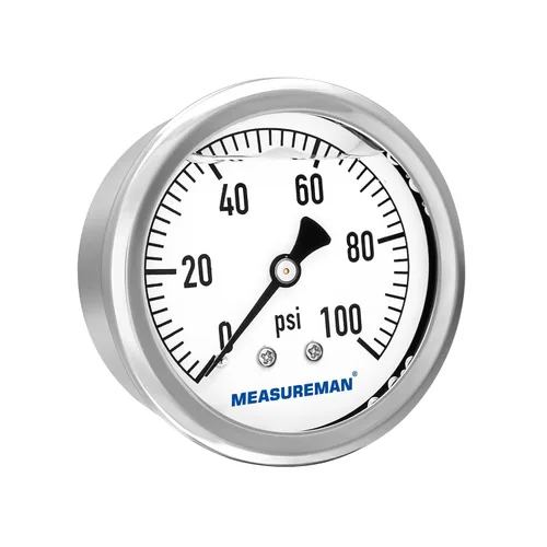 MEASUREMAN 2-1/2" Tamaño del dial, manómetro de plomería relleno de glicerina, 0-100psi, caja de acero inoxidable, montaje trasero NPT de 1/4"