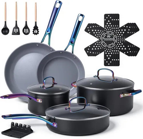 Ammeloo Juego de 17 utensilios de cocina de cerámica, juego de ollas y sartenes de inducción antiadherentes, mango de color premium que se mantiene