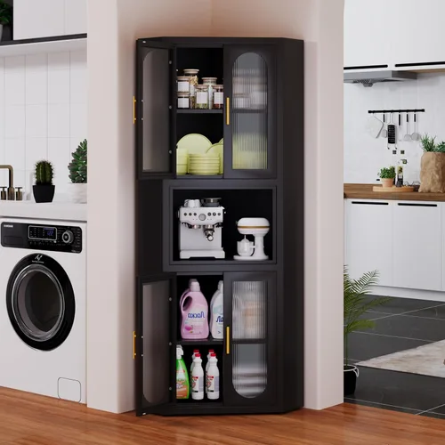 Miniatura 9 de GAIOUS Vitrina de metal negro con puertas acrílicas, armarios de despensa de cocina con 4 estantes ajustables y pies, almacenamiento alto y versátil