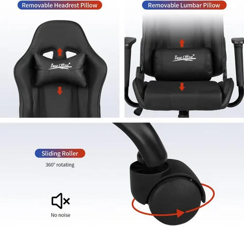 Miniatura 7 de Silla de oficina para videojuegos, silla de escritorio con soporte lumbar, reposacabezas y reposabrazos, giratoria, ergonómica, para deportes Negro
