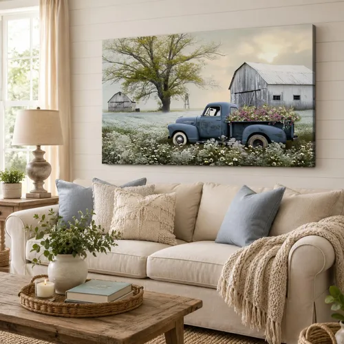 Miniatura 27 de Lienzo de pared de camión antiguo de granja, arte de pared de granero rústico, impresiones de lienzo de camioneta vintage de campo, impresiones