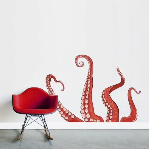 Miniatura 4 de Wallums Calcomanías de pared impresas con tentáculos de pulpo para baño, murales oceánicos para despegar y pegar, calcomanías submarinas Naranja
