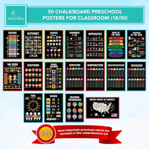 Miniatura 3 de Decorably 50 carteles de aprendizaje de pizarra para niños de 5 a 7 años, niños pequeños, jardín de infantes, 11 x 17 pulgadas, decoración de aula