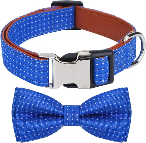 Collar de perro con pajarita para regalo de niña o niño, pajarita suave y duradera, punto azul, talla S