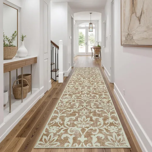Morebes Alfombra de pasillo lavable de 2x8 para pasillo, alfombra de cocina floral caqui con respaldo de goma antideslizante, alfombra de bajo pelo