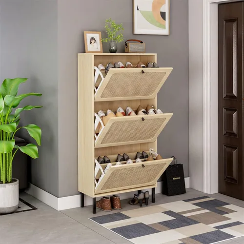 Miniatura 6 de Pvillez Cabina de zapatos de ratán natural, armario de zapatos con 3 cajones abatibles para entrada, moderno armario de almacenamiento independiente