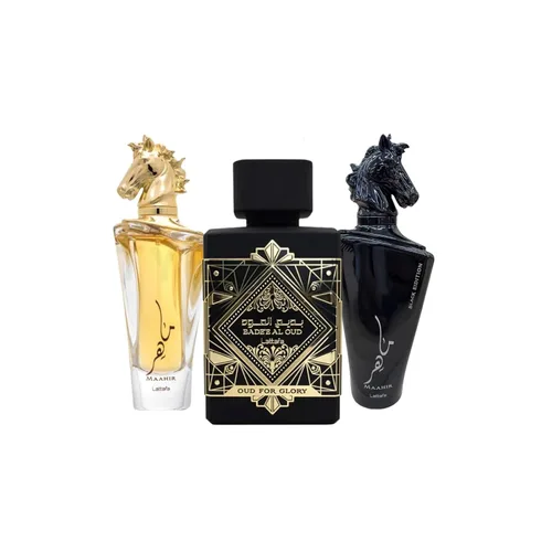 Lattafa Set de regalo unisex de 3 piezas Eau de Parfum (Bade'e Al Oud Oud for Glory + Maahir + Maahir Black Edition para hombres) 3.4 onzas cada uno