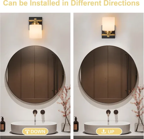 Miniatura 4 de 1 Luminaria Moderna de Baño sobre Espejo, Luces de Tocador Negro Dorado para Apliques de Pared de Baño con Pantallas de Vidrio Blanco Lechoso