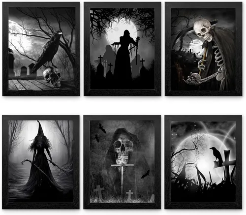Decoración de pared gótica enmarcada, decoración de bruja, decoración estética de Halloween con marco, juego de 6 decoración de pared gótica,
