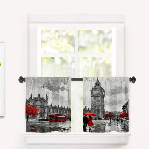 Miniatura 97 de Cortinas opacas de cocina con pintura al óleo de Europa rosa y negra para ventanas, cenefas opacas modernas de torre Eiffel de poliéster multicapa