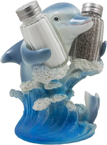 Dolphin Riding Ocean Wave - Juego de salero y pimentero con soporte para figuras en decoración decorativa de cocina tropical, estantes de especias y