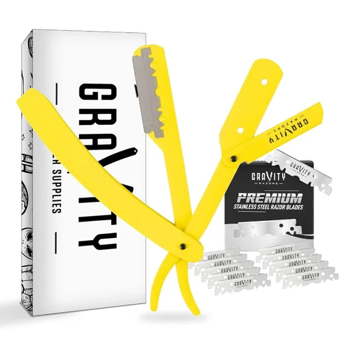 Miniatura 20 de Kit de cuchilla de afeitar recta profesional GRAVITY RAZORS – Ultra Exposición, incluye 10 cuchillas premium, 2mm expuestas, color oro y negro Dorado