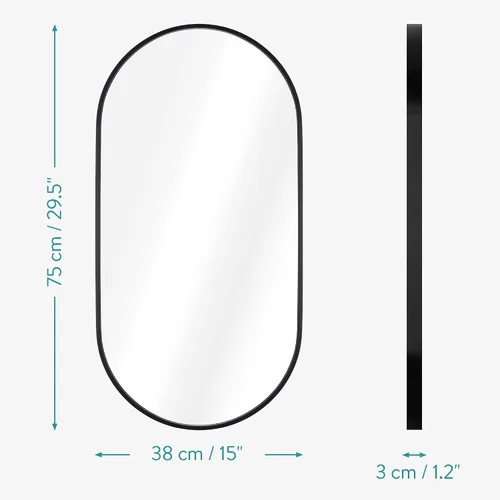 Miniatura 5 de Navaris Espejo de pared ovalado, 29.5 x 15 pulgadas, espejo colgante de pared con marco de aluminio negro inoxidable - Espejo para baño, pasillo