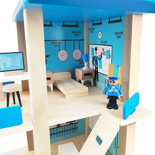 Miniatura 3 de Juego de juguete de estación de policía de madera, set de casa de muñecas de juego de simulación multicolor de 3 niveles con figuras, coche