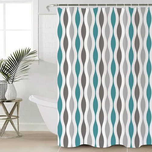 Miniatura 10 de Cortina de ducha, diseño de rayas onduladas, patrón geométrico, gris, amarillo, repelente al agua, tela de poliéster, cortinas de baño con ganchos
