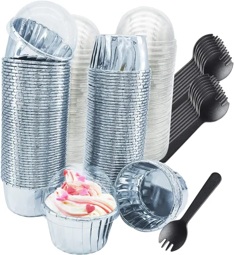 Miniatura 8 de Free-Air - Moldes para cupcakes con tapas de cúpula, paquete de 100 unidades, mini moldes de aluminio para hornear magdalenas, moldes desechables