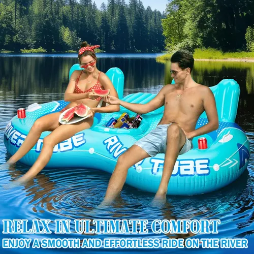 Miniatura 5 de Flotador inflable de tubo de río, flotador de piscina resistente para 2 personas con enfriador integrado, respaldo ergonómico y portavasos