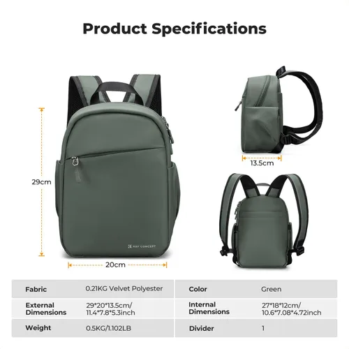 Miniatura 9 de K&F CONCEPT Mochila para cámara, bolsa ligera para fotógrafos, bolsa de fotografía portátil compatible con Canon/Nikon/Sony, color verde verde