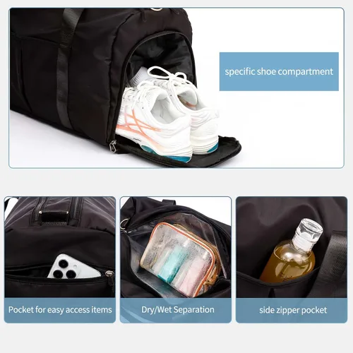 Miniatura 4 de SYLLIA Bolsas de lona deportivas con bolsa de cosméticos para gimnasio, mujeres y hombres, bolsa impermeable de viaje con bolsillo húmedo