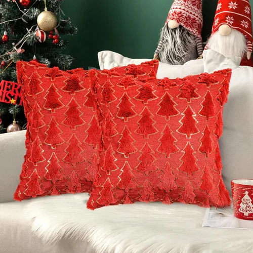 Miniatura 10 de Juego de 2 fundas de almohada de Navidad de 18 x 18 pulgadas, fundas de almohada beige con patrón de árbol de Navidad, fundas de cojín de piel
