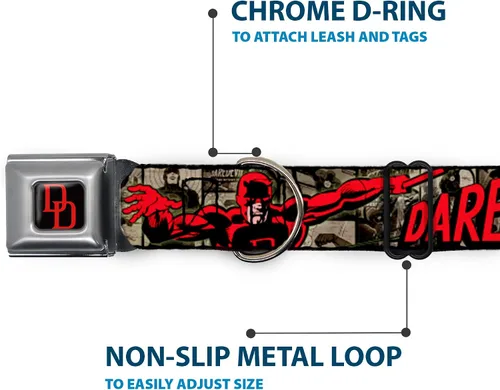 Miniatura 5 de Buckle-Down DAREDEVIL - Collar de perro con hebilla de cinturón de seguridad, posturas de acción, paneles cómics, grises/rojo, 1 pulgada de ancho