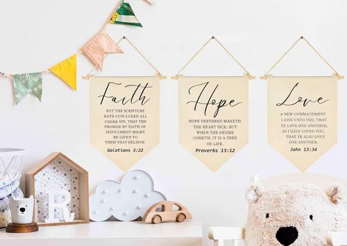Miniatura 2 de Faith Hope Love-Arte de pared cristiano con texto en inglés "Flower-Scripture", decoración de bandera de arte para bebés, niños y niñas, recién