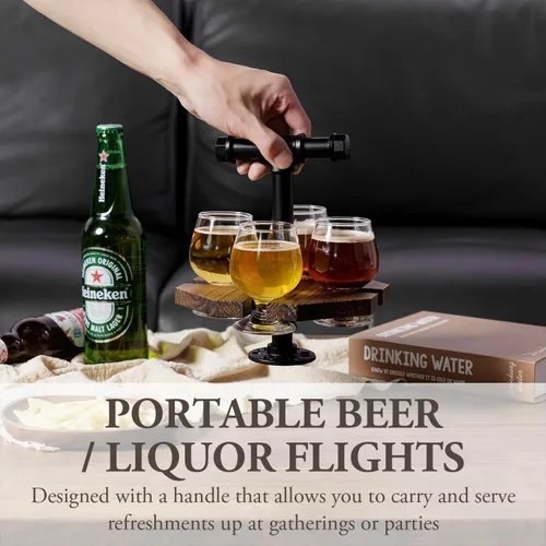 Miniatura 3 de MyGift Bandeja de madera quemada maciza para servir whisky y cerveza con asa de transporte industrial de tubo de metal negro y 4 vasos de cerveza