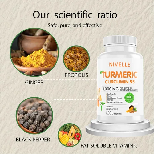 Miniatura 5 de NIVELLE Curcumina de cúrcuma Suplemento de curcumina de cúrcuma pura de 1000 mg 95% de curcuminoides con propóleos de abeja, jengibre, aceite