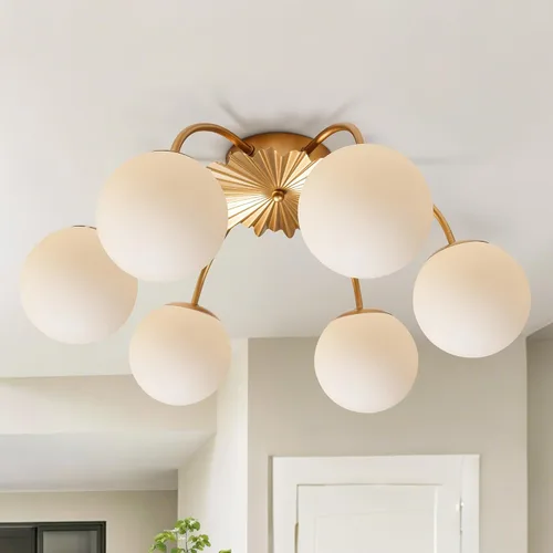 Longree Sputnik - Lámpara de techo semiempotrada con forma de globo de vidrio de leche de 6 luces, color dorado, arte de mediados de siglo, moderna