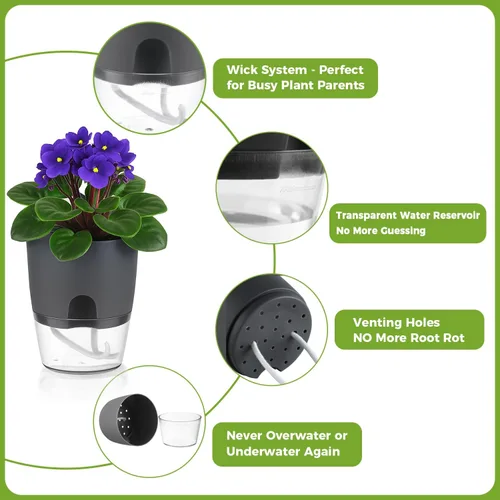 Miniatura 7 de Macetas de riego automático para plantas de interior, macetas para exteriores, paquete de 3 macetas de riego automático de 6 pulgadas, macetas