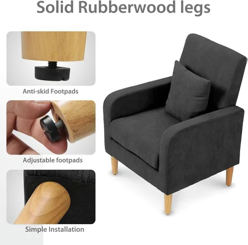 Miniatura 6 de OS MOTOR Sofá tapizado con almohada, sillón de tela con patas de madera, cómoda silla de descanso para sala de estar, dormitorio u oficina, soporta