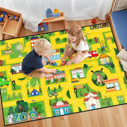 Miniatura 20 de Alfombra de carretera para habitación de niños, alfombra de juego azul para pista de carreras, alfombra de coche para dormitorio, sala