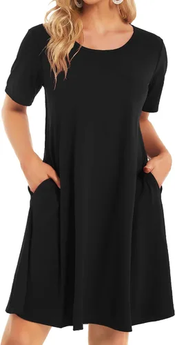 Vestidos de verano y playa para mujer, informales, holgados, tipo camiseta, florales, de manga corta, con vuelo, con bolsillos