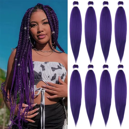Miniatura 73 de Extensiones de cabello trenzado morado preestiradas, 20 pulgadas, 2 piezas de cabello sintético trenzado para niñas y mujeres, fiesta, disfraz