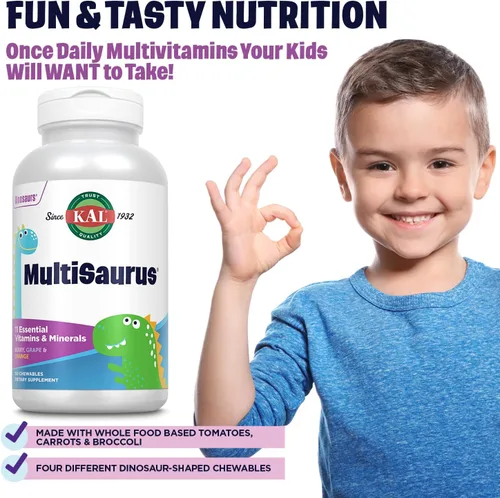 Miniatura 3 de KAL MultiSaurus - Multivitaminas masticables para niños, 11 vitaminas y minerales esenciales para niños, bayas, uva, naranja, sin gluten y fructosa