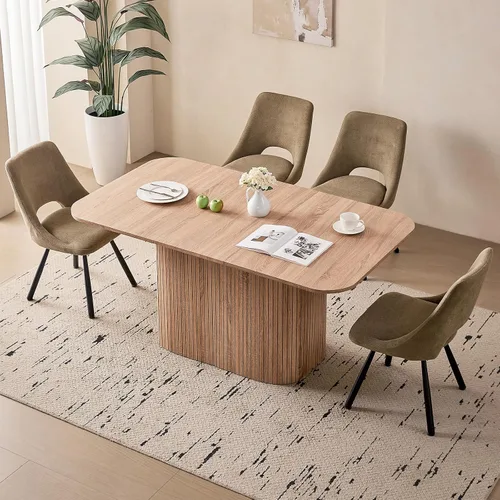 Miniatura 16 de Juego de 4 mesas de comedor grandes de 63 pulgadas para 4, esquinas redondeadas, mesa de cocina rectangular moderna de madera con sillas Boucle