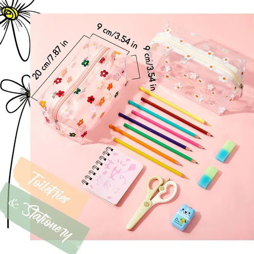 Miniatura 2 de Amylove Paquete de 2 bonitas bolsas de maquillaje de flores con cremallera de margaritas, bolsa para lápices florales, bolsas de aseo portátiles