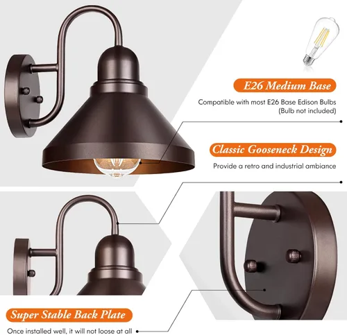 Miniatura 3 de Brightever Luces de Porche de Cuello de Ganso para Exteriores, Paquete de 2 Accesorios de Luz de Granero Exterior Estilo Granja, Lámparas de Pared