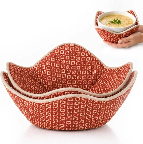 Miniatura 12 de Juego de 2 almohadillas calientes rojas para microondas, soportes para ollas, acogedores para alimentos, Ooma, ramen o tazón de sopa acogedor