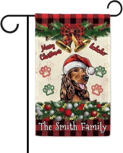 Miniatura 15 de Bandera de jardín de Navidad de 12.5 x 18 pulgadas, anillo de bola de Navidad para perro chihuahua, campana, corona, bandera de búfalo rojo, a