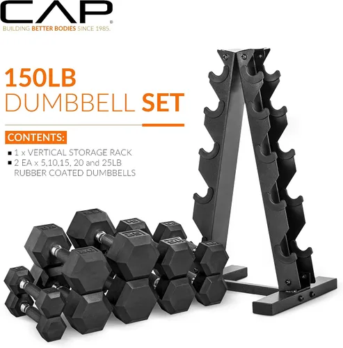 Miniatura 2 de CAP Barbell Juego de mancuernas hexagonales recubiertas de 150 libras con estante vertical Múltiples opciones Estante azul