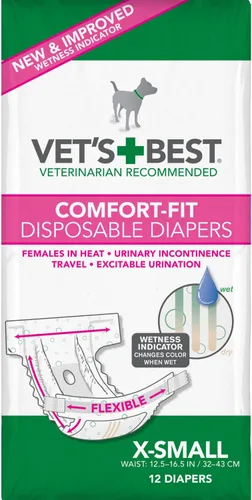 Vet's Best Comfort Fit - Pañales desechables para perras, absorbentes con ajuste a prueba de fugas, XS, 12 unidades