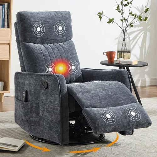 Silla Reclinable Giratoria Manual con Balancín para Adultos, Sillón Reclinable Acolchado con Masaje y Calor, Silla Reclinable para Sala de Estar,