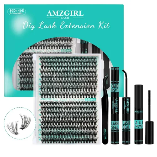 AMZGIRL LASH Kit de racimos de 320 unidades, extensiones individuales de bricolaje con unión de pestañas y sello, removedor de pestañas postizas,