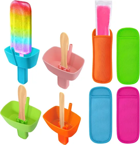 AIERSA Juego de 8 soportes para paletas y fundas para paletas de hielo para niños, sin goteo, soporte de silicona para paletas con popote y fundas